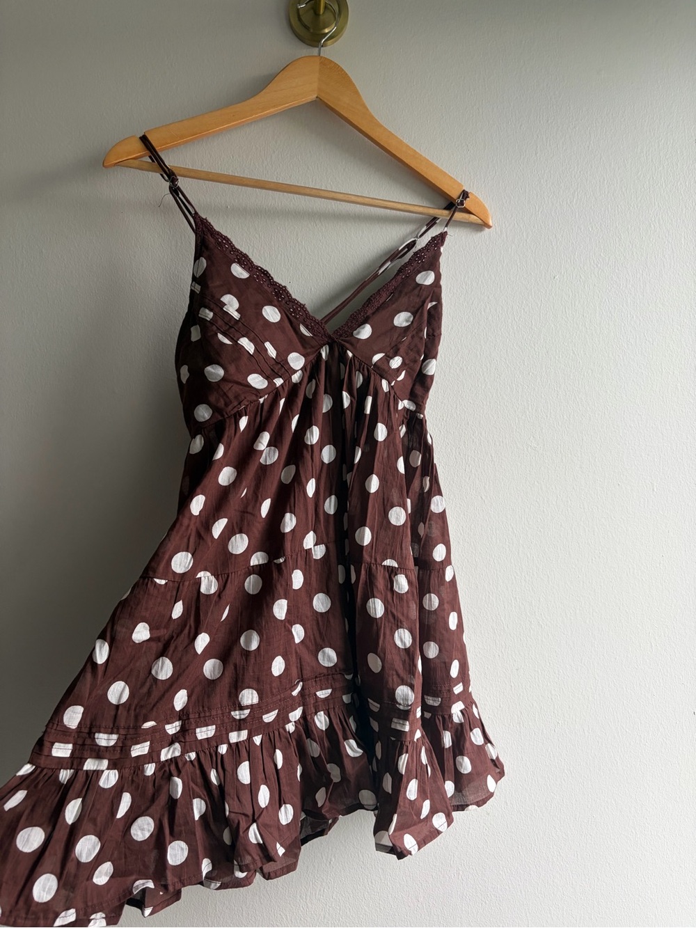 Polka Dot Brown Mini Dress with Spaghetti Straps